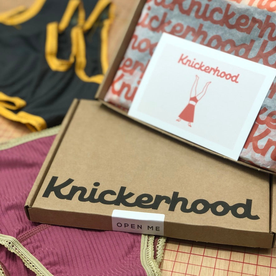 Knickerhood postal box lying on pink emotionally supportive knickers and a gift card